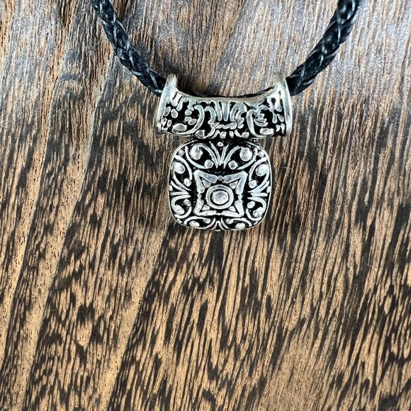 Antique-Style Silver Pendant Necklace With Black Braided Cord & Lobster Clasp - Picture 2 of 3